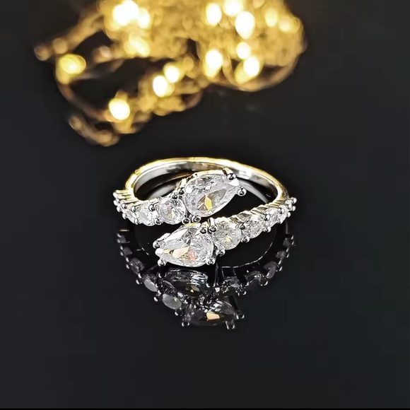 Adjustable Double Teardrop CZ Ring 
Silver/Gold Finish - Picture 1 of 9